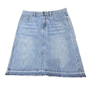 BKLE‎ Denim Skirt Women's Light Wash Frayed Hem A-Line Midi Jean Skirt 34